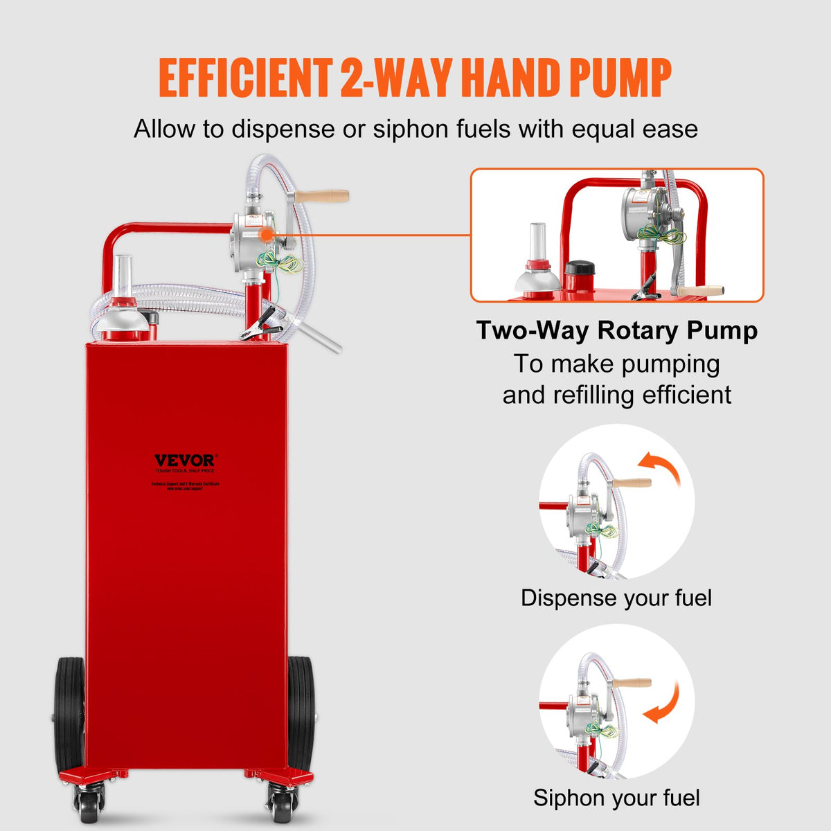 VEVOR 114 litre fuel tank with manual pump and 4 wheels, suitable for petrol, diesel, cars, lawnmowers, ATVs, boats - red