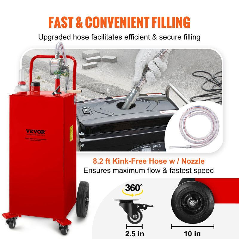 VEVOR 114 litru degvielas tvertne ar manuālo sūkni un 4 riteņiem, piemērota benzīnam, dīzeļdegvielai, automašīnām, zāles pļāvējiem, kvadricikliem, laivām – sarkana