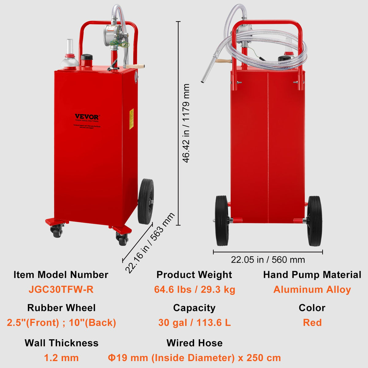 VEVOR 114 litre fuel tank with manual pump and 4 wheels, suitable for petrol, diesel, cars, lawnmowers, ATVs, boats - red