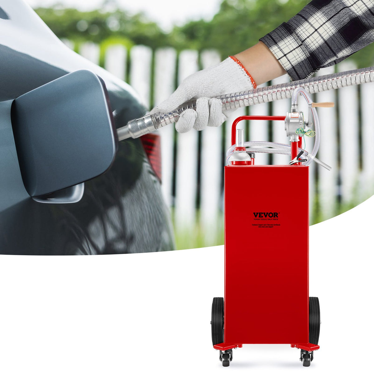 VEVOR 114 litre fuel tank with manual pump and 4 wheels, suitable for petrol, diesel, cars, lawnmowers, ATVs, boats - red