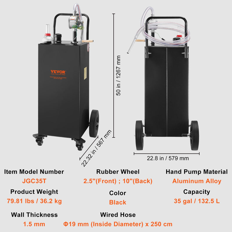 VEVOR Degvielas Kanna ar Manuālo Pārsūknēšanas Sūkni, 132,5 litri, Melna, ar 4 Ritenīšiem