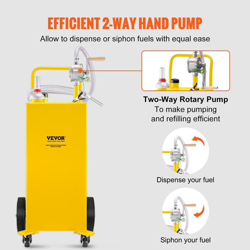 VEVOR 132 litru degvielas tvertne ar manuālo sūkni un 4 riteņiem – piemērota benzīnam un dīzeļdegvielai automašīnām, zāles pļāvējiem, ATV, laivām un citam – dzeltena