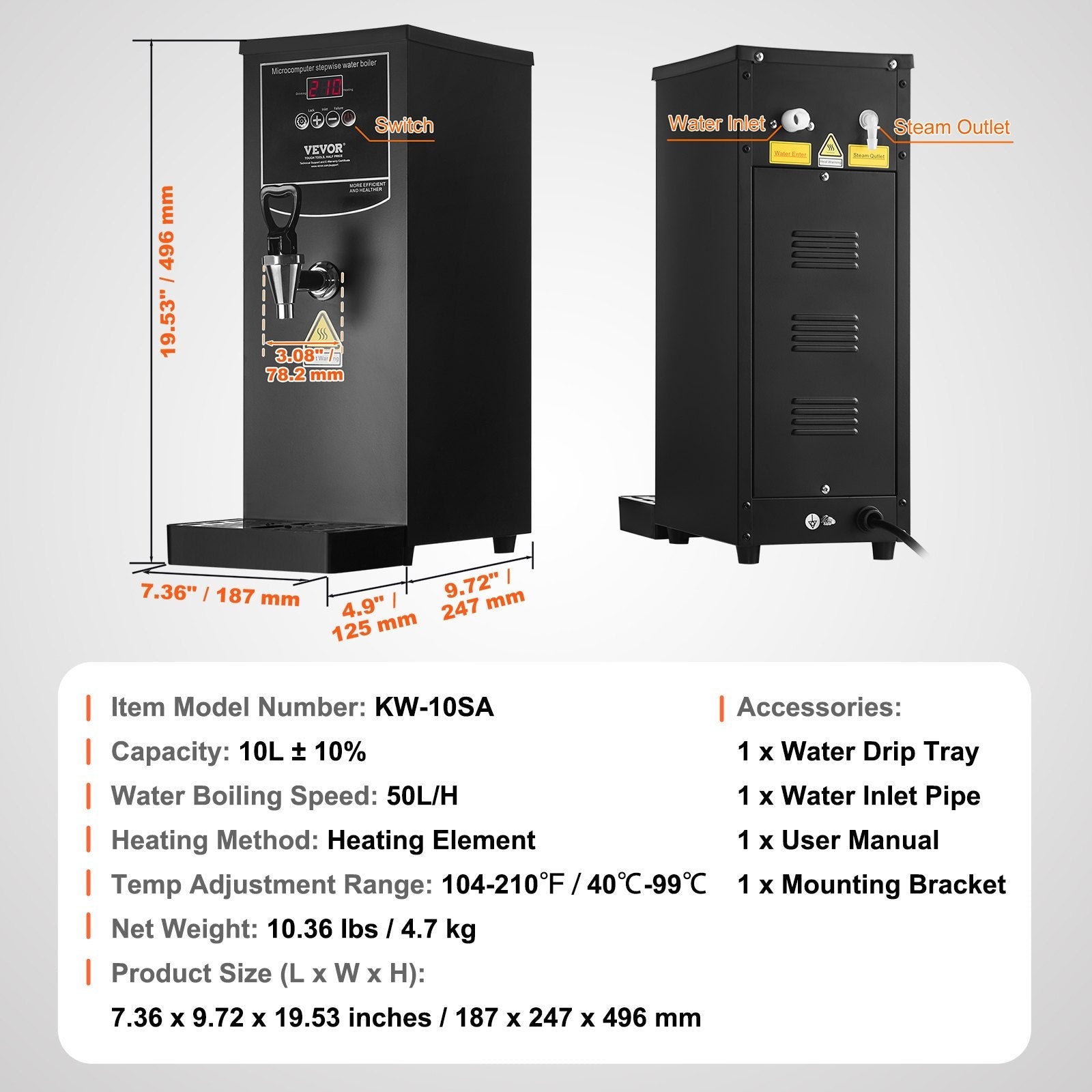 VEVOR 10L Elektriskais Karstā Ūdens Dispensers, Komerciāls Ūdens Boileris, Nerūsējošais Tērauds