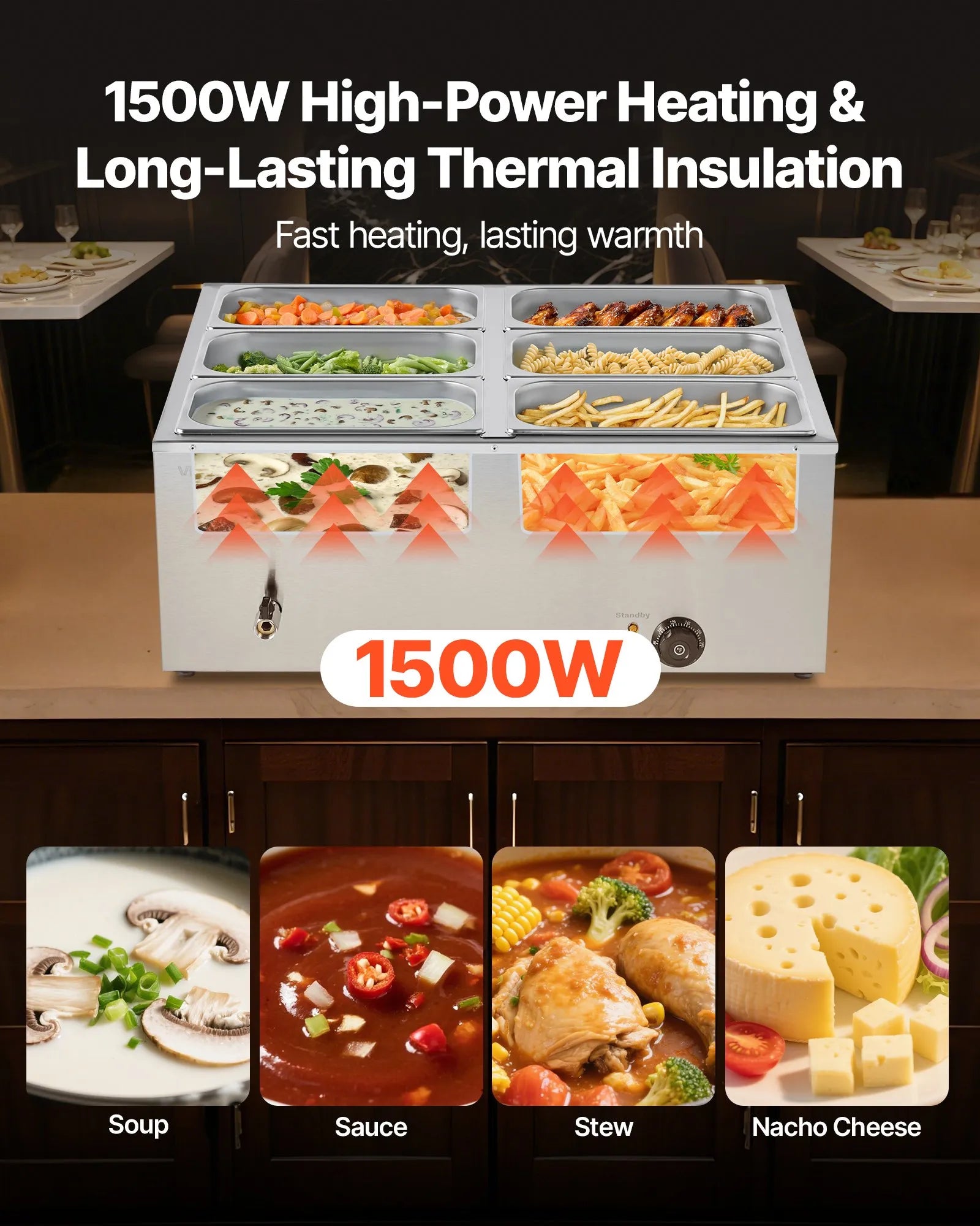 Pārtikas sildītājs, 1500 W nerūsējošais tērauds, ar vāku un 6 traukiem