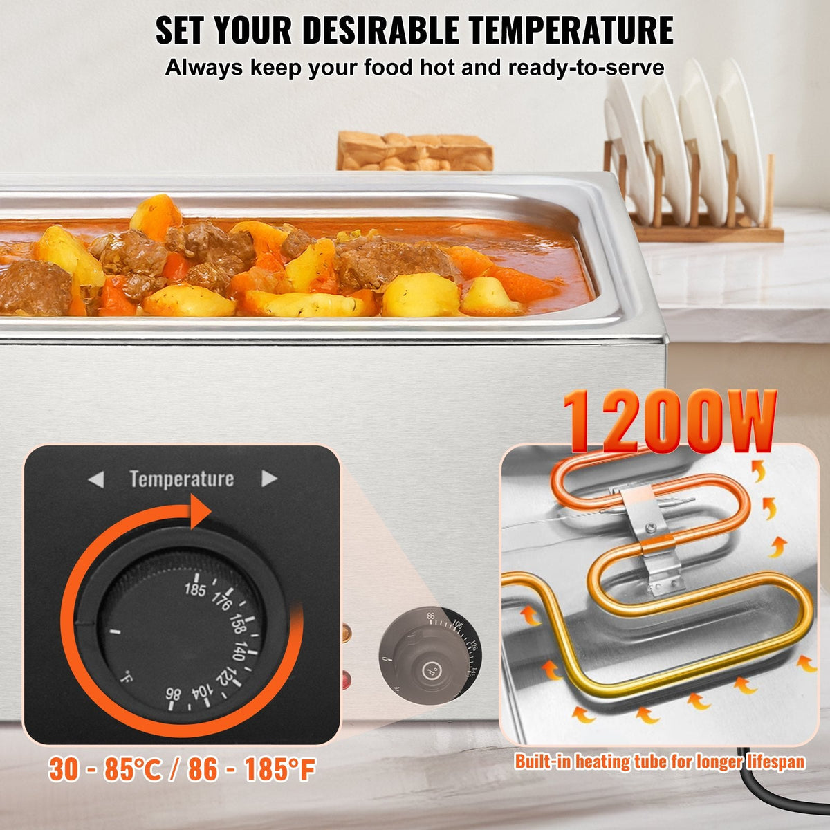 VEVOR komerciālais elektriskais ēdienu sildītājs, 18L, 1200W, Bain Marie