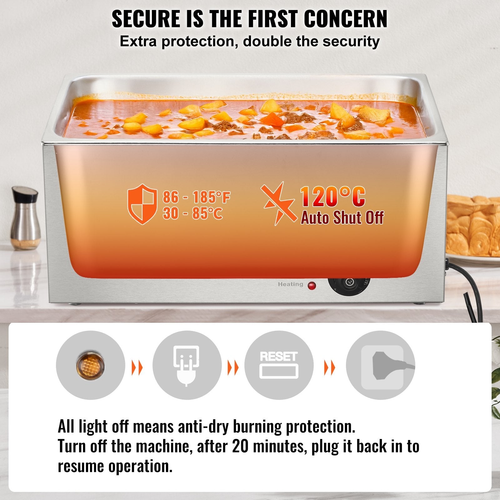 VEVOR komerciālais elektriskais ēdienu sildītājs, 18L, 1200W, Bain Marie