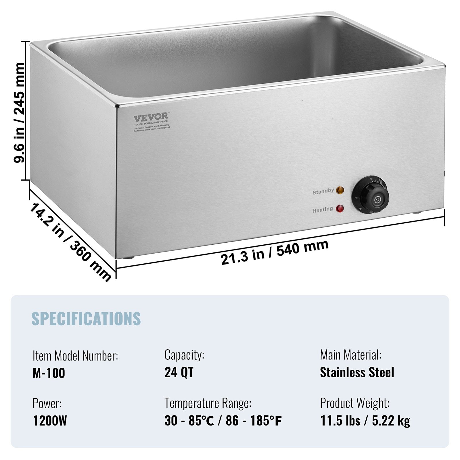 VEVOR komerciālais elektriskais ēdienu sildītājs, 18L, 1200W, Bain Marie