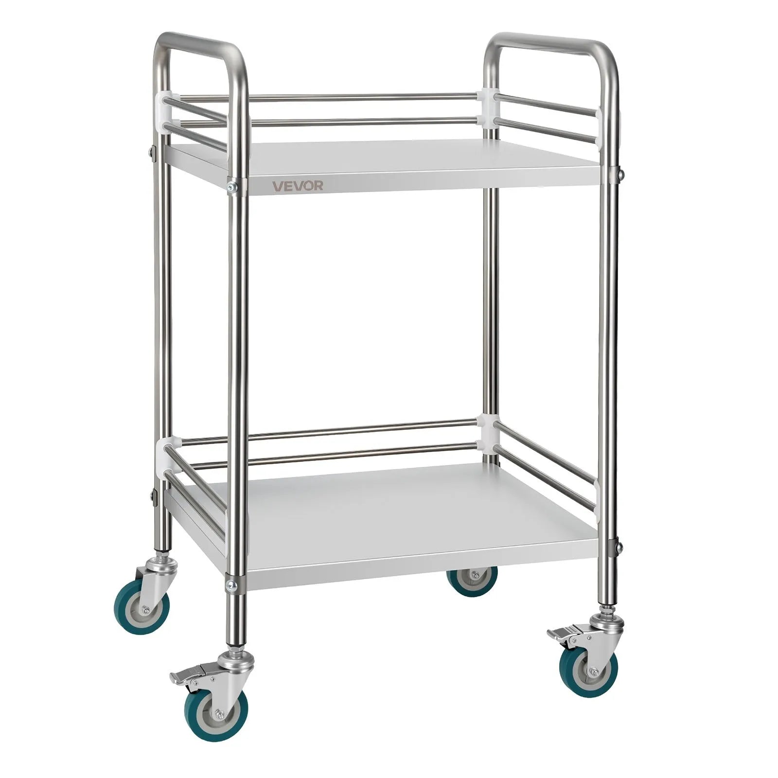 VEVOR stainless steel carts, 2-tier mobile lab and service carts with lockable wheels, medical service carts with trays, heavy-duty mobile storage carts for hospitals, restaurants, kitchens, and salons