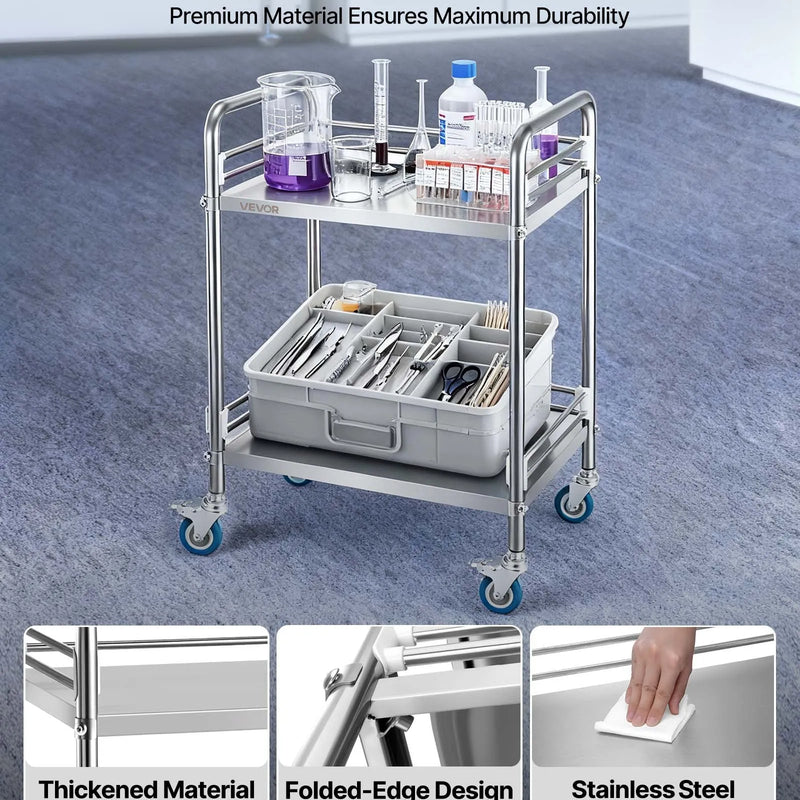 VEVOR nerūsējošā tērauda ratiņi, 2 līmeņu pārvietojami laboratorijas un servisa ratiņi ar bloķējamiem riteņiem, medicīnas apkalpošanas ratiņi ar paplātēm, pastiprināti mobilie uzglabāšanas ratiņi slimnīcām, restorāniem, virtuvēm un saloniem