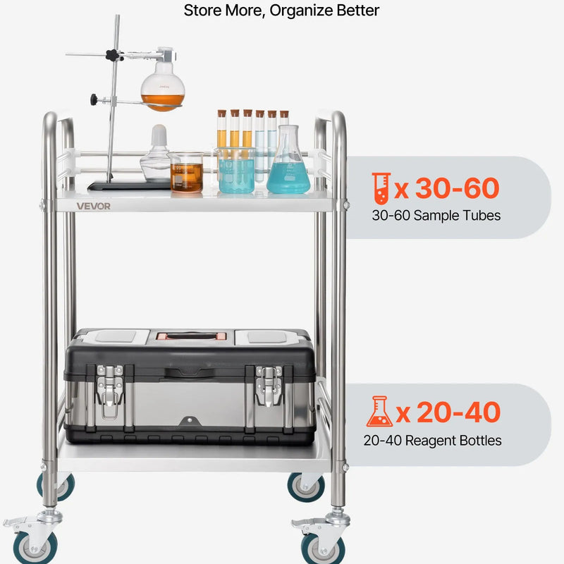 VEVOR nerūsējošā tērauda ratiņi, 2 līmeņu pārvietojami laboratorijas un servisa ratiņi ar bloķējamiem riteņiem, medicīnas apkalpošanas ratiņi ar paplātēm, pastiprināti mobilie uzglabāšanas ratiņi slimnīcām, restorāniem, virtuvēm un saloniem