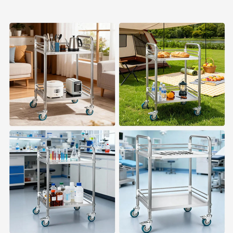 VEVOR nerūsējošā tērauda ratiņi, 2 līmeņu pārvietojami laboratorijas un servisa ratiņi ar bloķējamiem riteņiem, medicīnas apkalpošanas ratiņi ar paplātēm, pastiprināti mobilie uzglabāšanas ratiņi slimnīcām, restorāniem, virtuvēm un saloniem