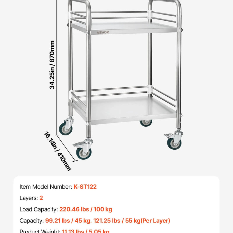 VEVOR nerūsējošā tērauda ratiņi, 2 līmeņu pārvietojami laboratorijas un servisa ratiņi ar bloķējamiem riteņiem, medicīnas apkalpošanas ratiņi ar paplātēm, pastiprināti mobilie uzglabāšanas ratiņi slimnīcām, restorāniem, virtuvēm un saloniem