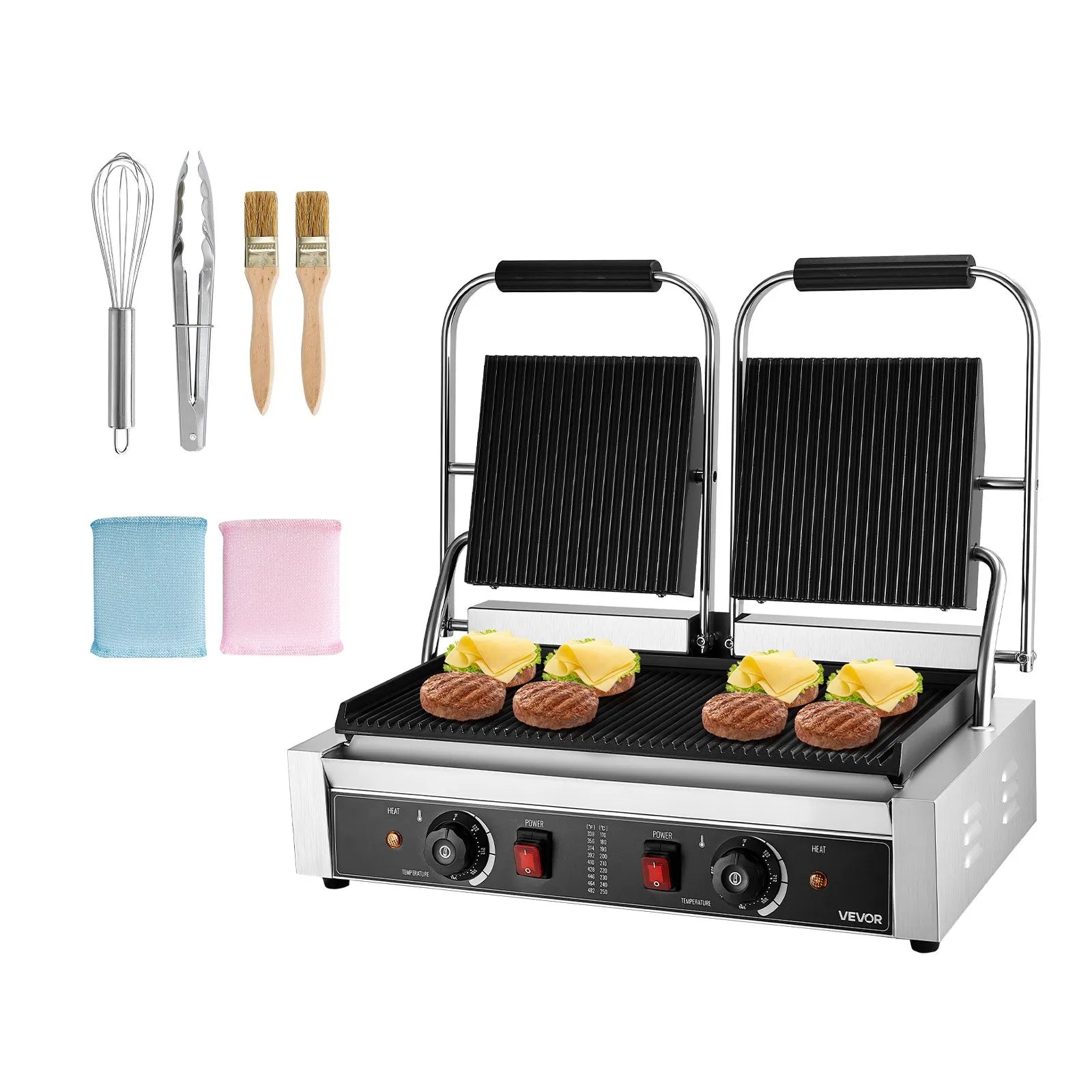 Komerciālais panini grils, 3600 W elektriskā sviestmaižu panna, nerūsējošā tērauda dubultā sviestmaižu prese, temperatūras regulēšana, 48 × 23 cm pilnībā rievota emaljas plate, piemērots hamburgeriem, steikam un bekonam