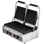 Komerciālais panini grils, 3600 W elektriskā sviestmaižu panna, nerūsējošā tērauda dubultā sviestmaižu prese, temperatūras regulēšana, 48 × 23 cm pilnībā rievota emaljas plate, piemērots hamburgeriem, steikam un bekonam
