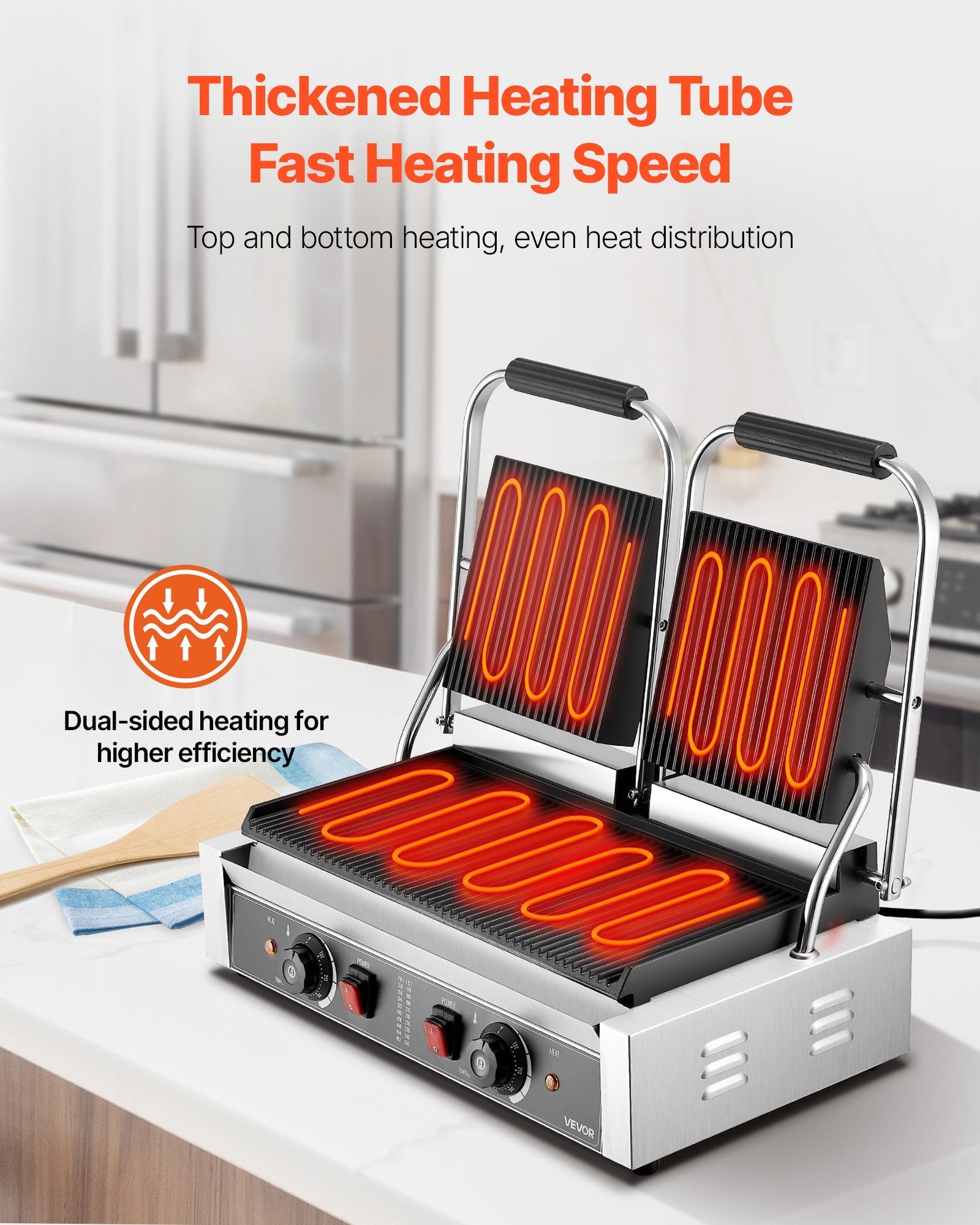 Komerciālais panini grils, 3600 W elektriskā sviestmaižu panna, nerūsējošā tērauda dubultā sviestmaižu prese, temperatūras regulēšana, 48 × 23 cm pilnībā rievota emaljas plate, piemērots hamburgeriem, steikam un bekonam