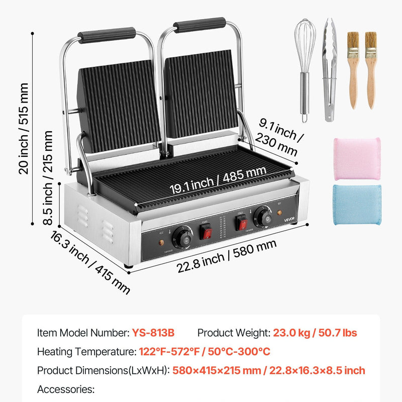 Komerciālais panini grils, 3600 W elektriskā sviestmaižu panna, nerūsējošā tērauda dubultā sviestmaižu prese, temperatūras regulēšana, 48 × 23 cm pilnībā rievota emaljas plate, piemērots hamburgeriem, steikam un bekonam