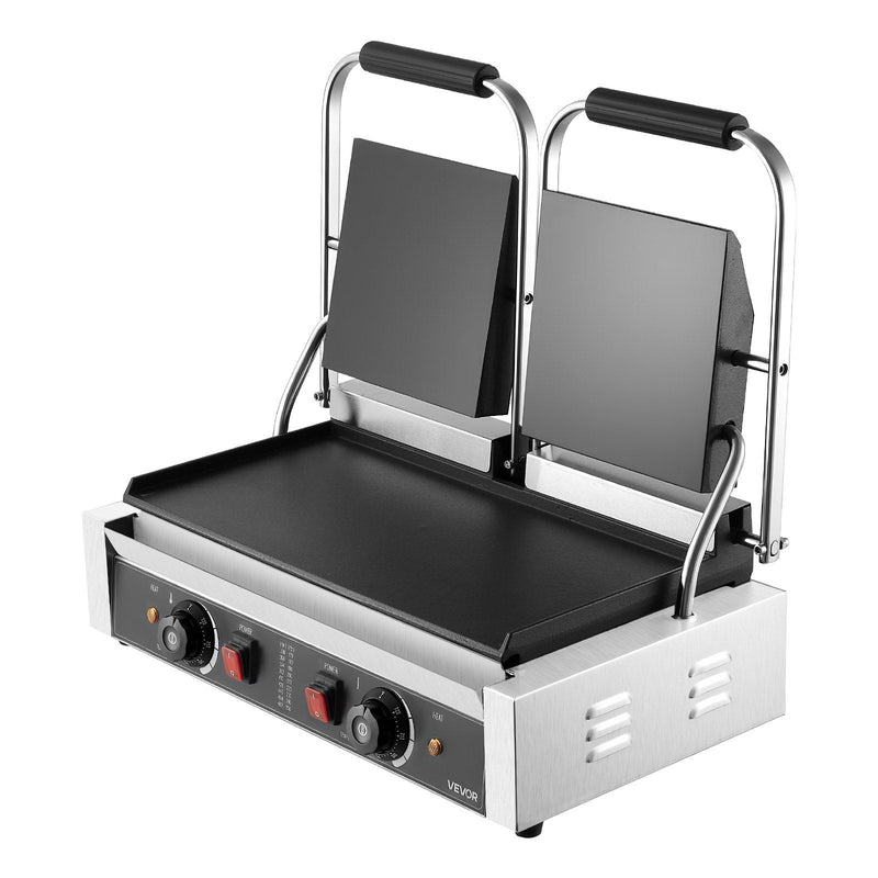 Komerciālais panini grils, 3600 W elektriskā sviestmaižu prese, nerūsējošais tērauds, temperatūras regulēšana, 48 × 23 cm gluda emaljas plat
