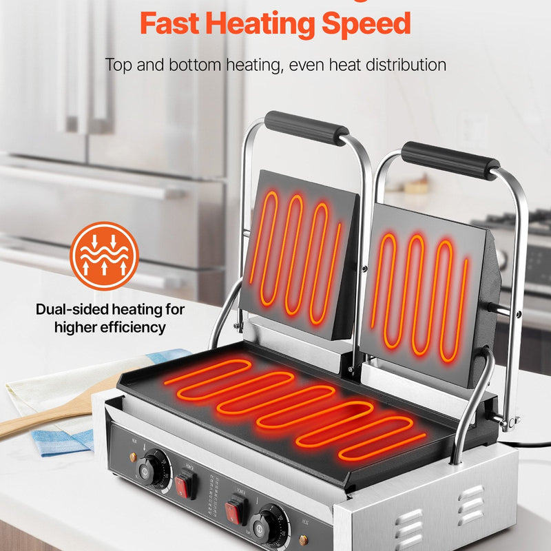 Komerciālais panini grils, 3600 W elektriskā sviestmaižu prese, nerūsējošais tērauds, temperatūras regulēšana, 48 × 23 cm gluda emaljas plat