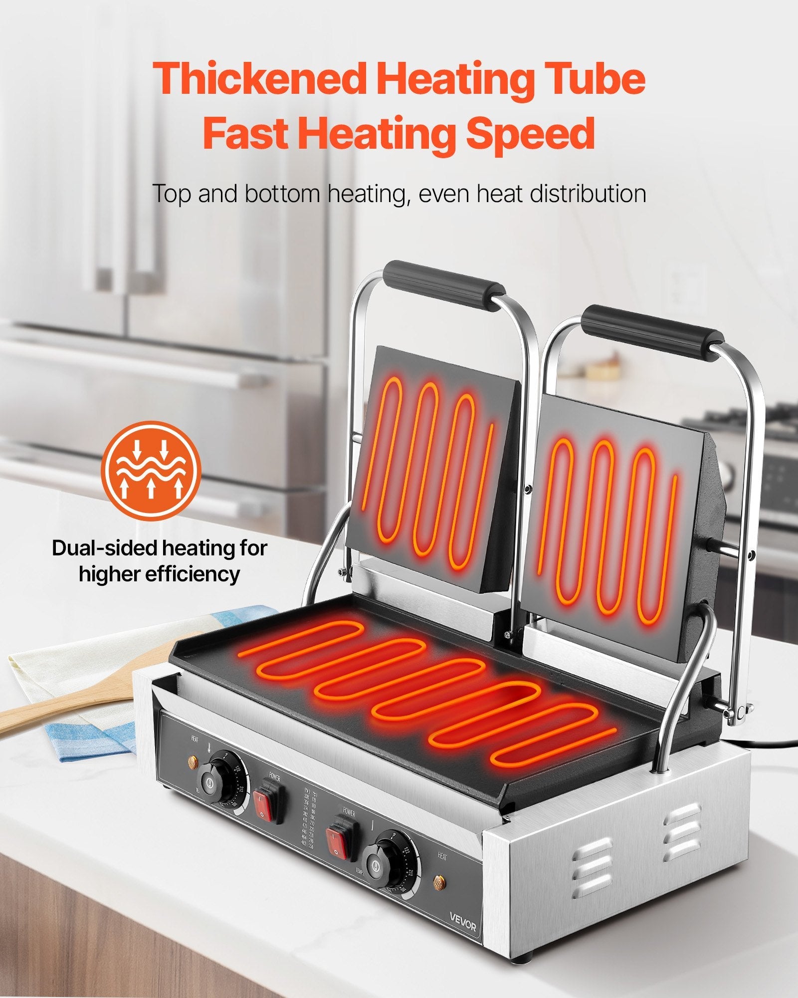 Komerciālais panini grils, 3600 W elektriskā sviestmaižu prese, nerūsējošais tērauds, temperatūras regulēšana, 48 × 23 cm gluda emaljas plat