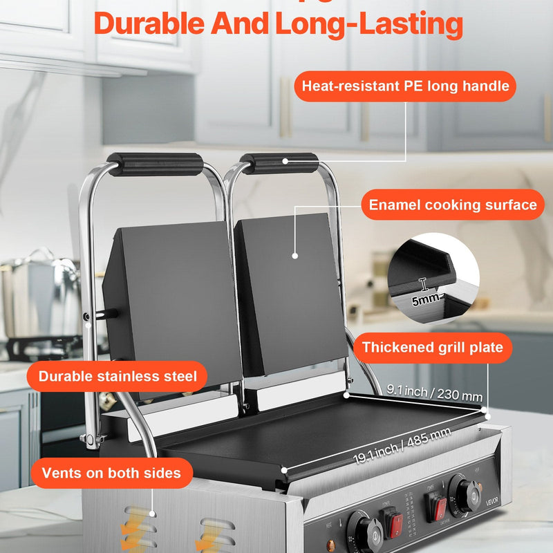 Komerciālais panini grils, 3600 W elektriskā sviestmaižu prese, nerūsējošais tērauds, temperatūras regulēšana, 48 × 23 cm gluda emaljas plat