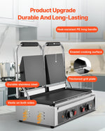 Komerciālais panini grils, 3600 W elektriskā sviestmaižu prese, nerūsējošais tērauds, temperatūras regulēšana, 48 × 23 cm gluda emaljas plat