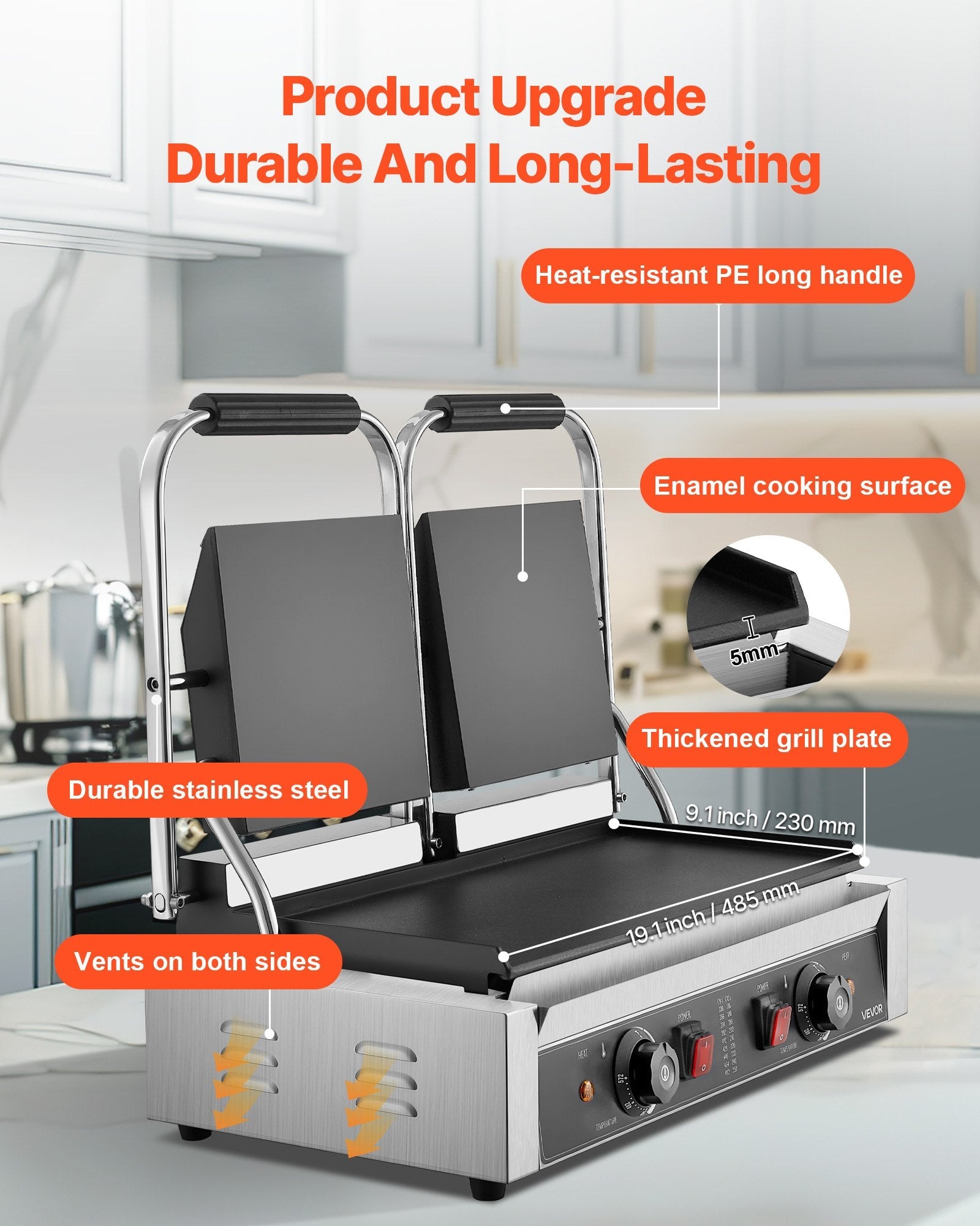 Komerciālais panini grils, 3600 W elektriskā sviestmaižu prese, nerūsējošais tērauds, temperatūras regulēšana, 48 × 23 cm gluda emaljas plat