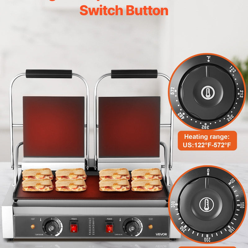 Komerciālais panini grils, 3600 W elektriskā sviestmaižu prese, nerūsējošais tērauds, temperatūras regulēšana, 48 × 23 cm gluda emaljas plat