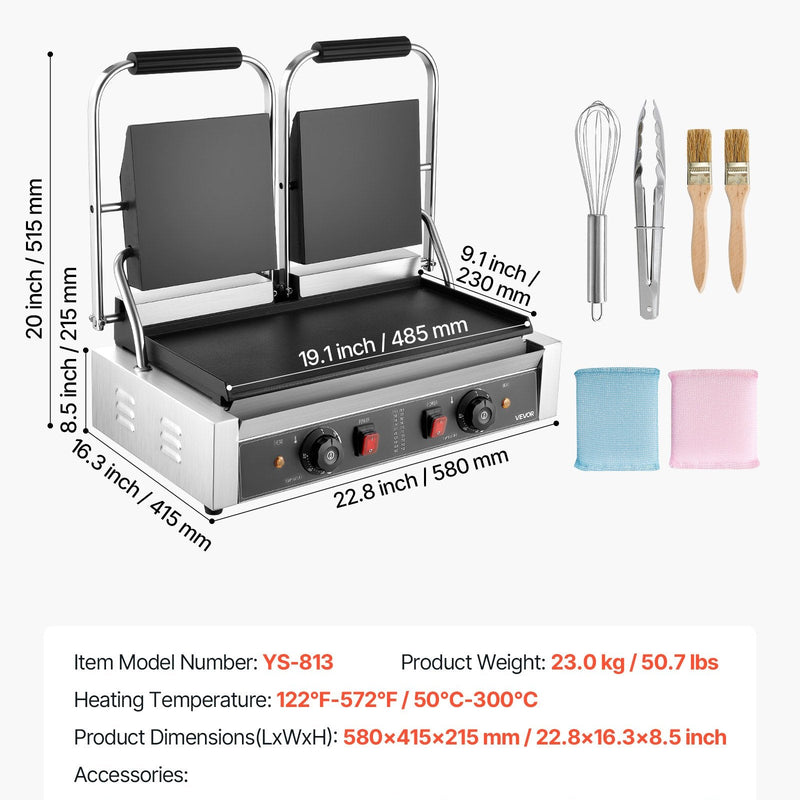 Komerciālais panini grils, 3600 W elektriskā sviestmaižu prese, nerūsējošais tērauds, temperatūras regulēšana, 48 × 23 cm gluda emaljas plat