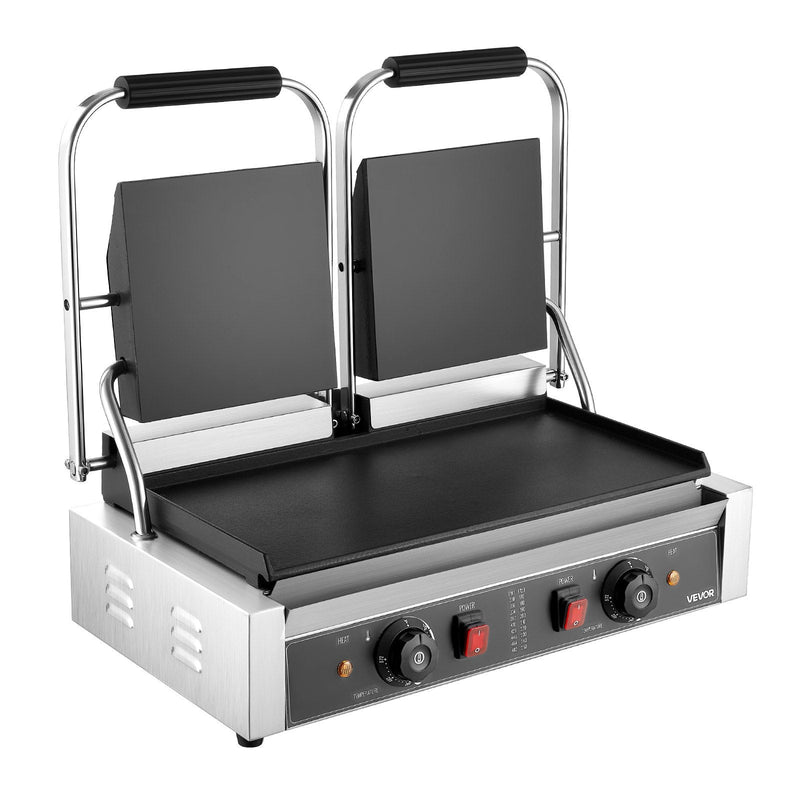 Komerciālais panini grils, 3600 W elektriskā sviestmaižu prese, nerūsējošais tērauds, temperatūras regulēšana, 48 × 23 cm gluda emaljas plat