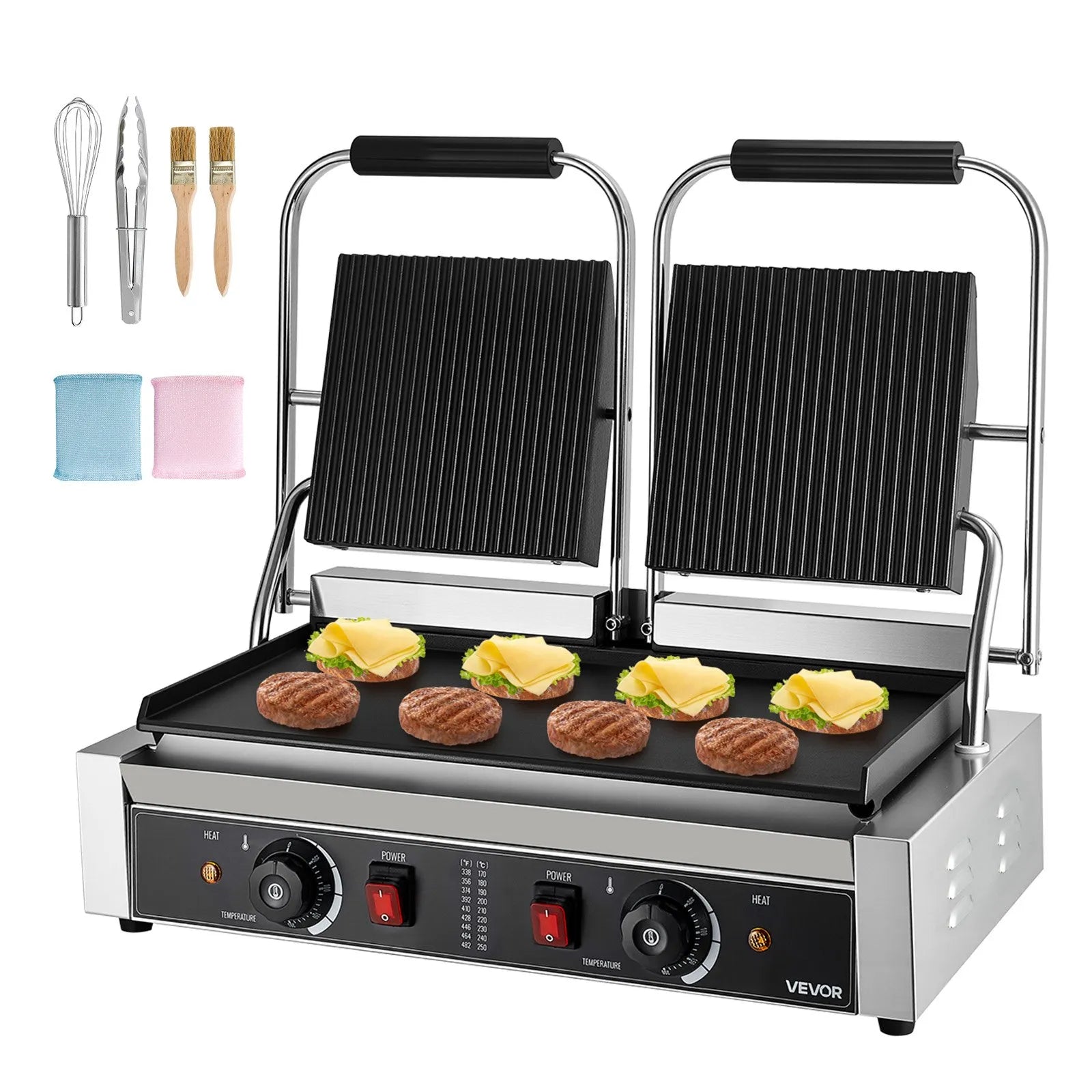 Komerciālais panini grils 3600 W, nerūsējošais tērauds, dubultais preses grils ar temperatūras kontroli, 48x23 cm emaljas plate