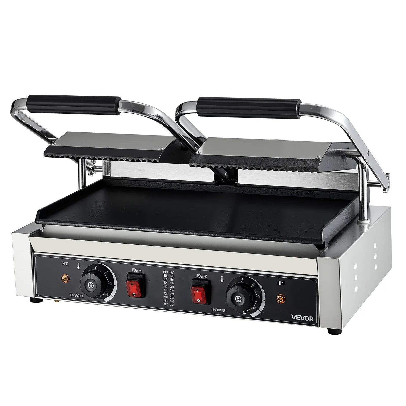 Komerciālais panini grils 3600 W, nerūsējošais tērauds, dubultais preses grils ar temperatūras kontroli, 48x23 cm emaljas plate