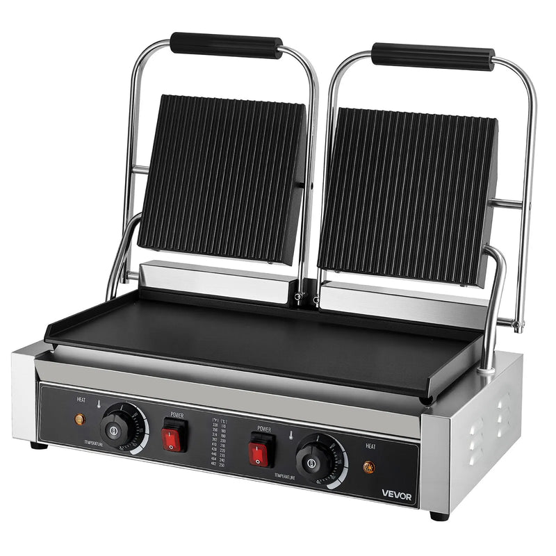 Komerciālais panini grils 3600 W, nerūsējošais tērauds, dubultais preses grils ar temperatūras kontroli, 48x23 cm emaljas plate