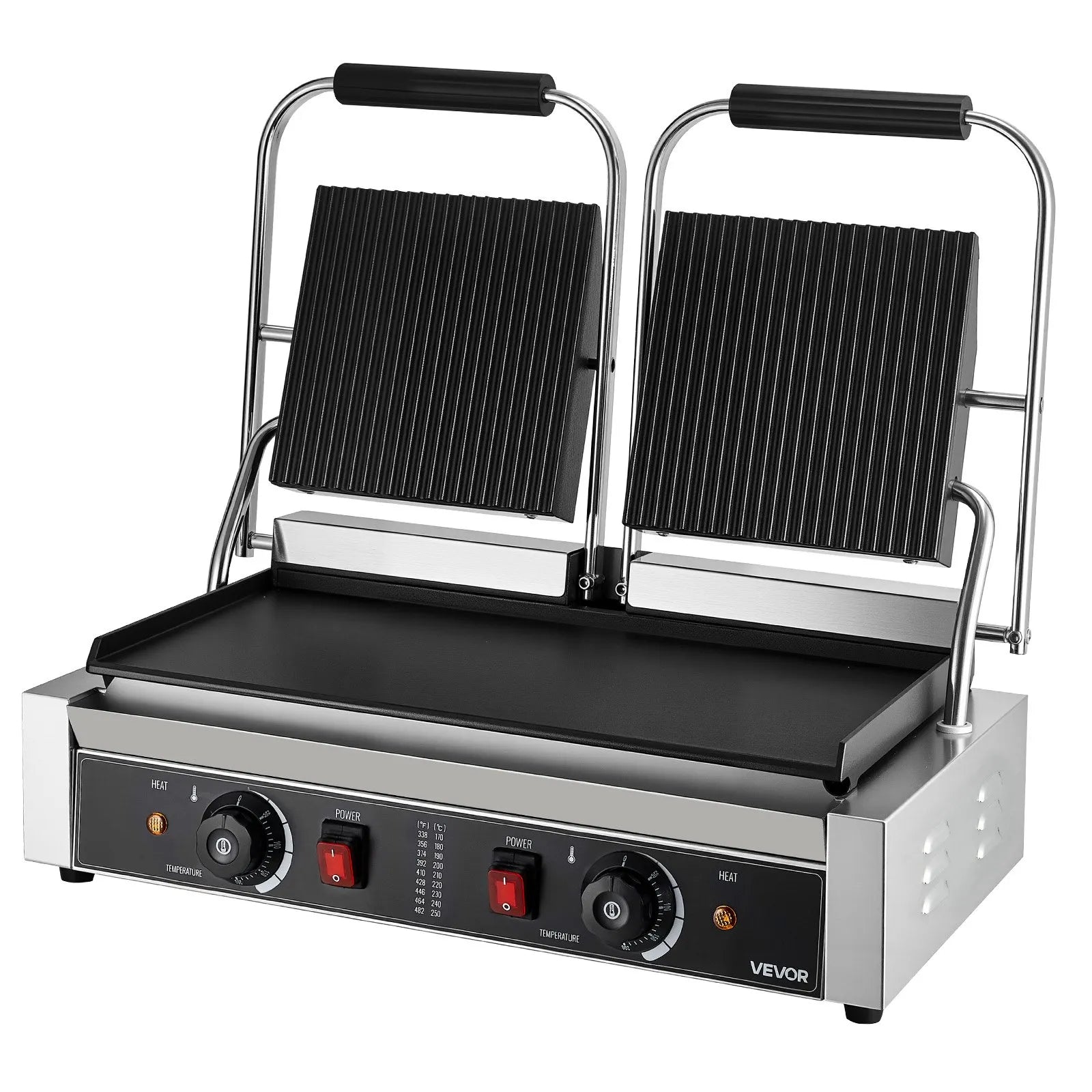 Komerciālais panini grils 3600 W, nerūsējošais tērauds, dubultais preses grils ar temperatūras kontroli, 48x23 cm emaljas plate