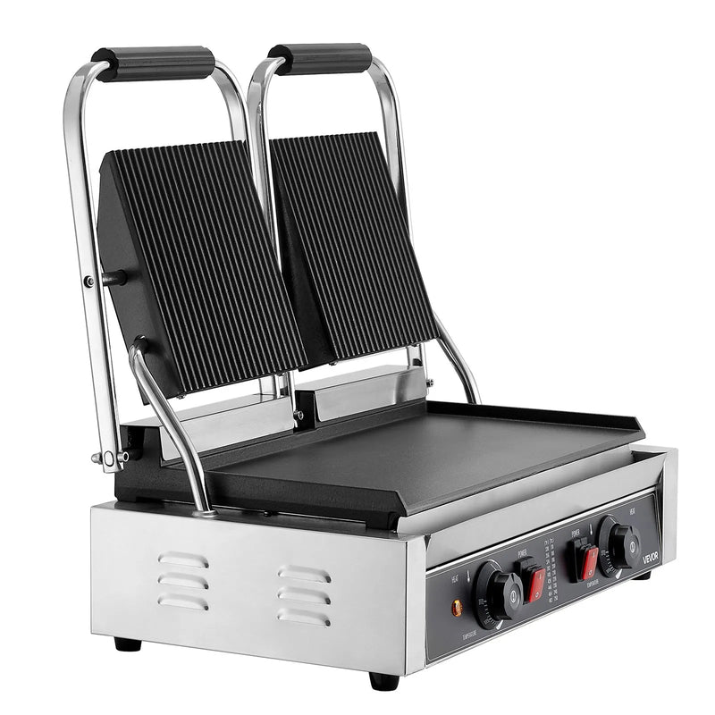 Komerciālais panini grils 3600 W, nerūsējošais tērauds, dubultais preses grils ar temperatūras kontroli, 48x23 cm emaljas plate