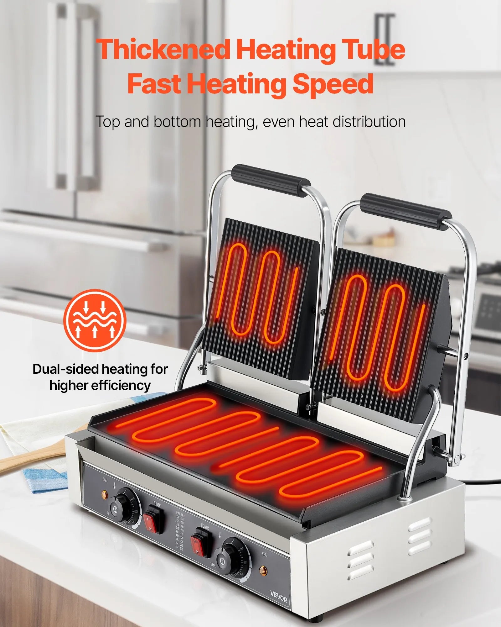 Komerciālais panini grils 3600 W, nerūsējošais tērauds, dubultais preses grils ar temperatūras kontroli, 48x23 cm emaljas plate