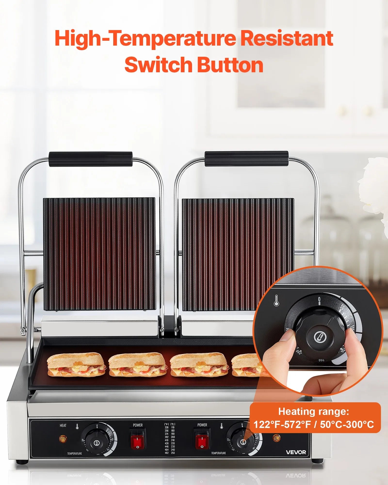 Komerciālais panini grils 3600 W, nerūsējošais tērauds, dubultais preses grils ar temperatūras kontroli, 48x23 cm emaljas plate