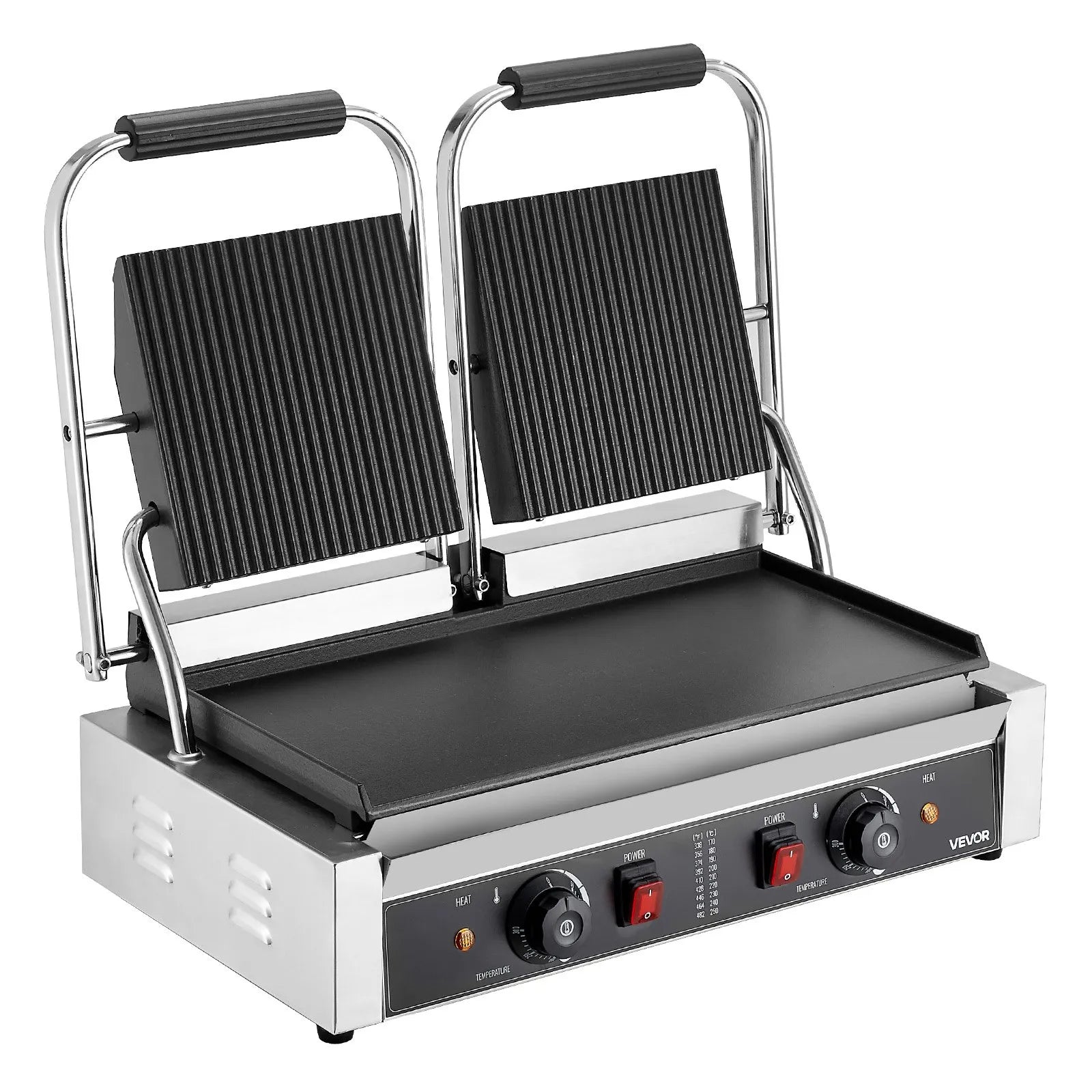 Komerciālais panini grils 3600 W, nerūsējošais tērauds, dubultais preses grils ar temperatūras kontroli, 48x23 cm emaljas plate