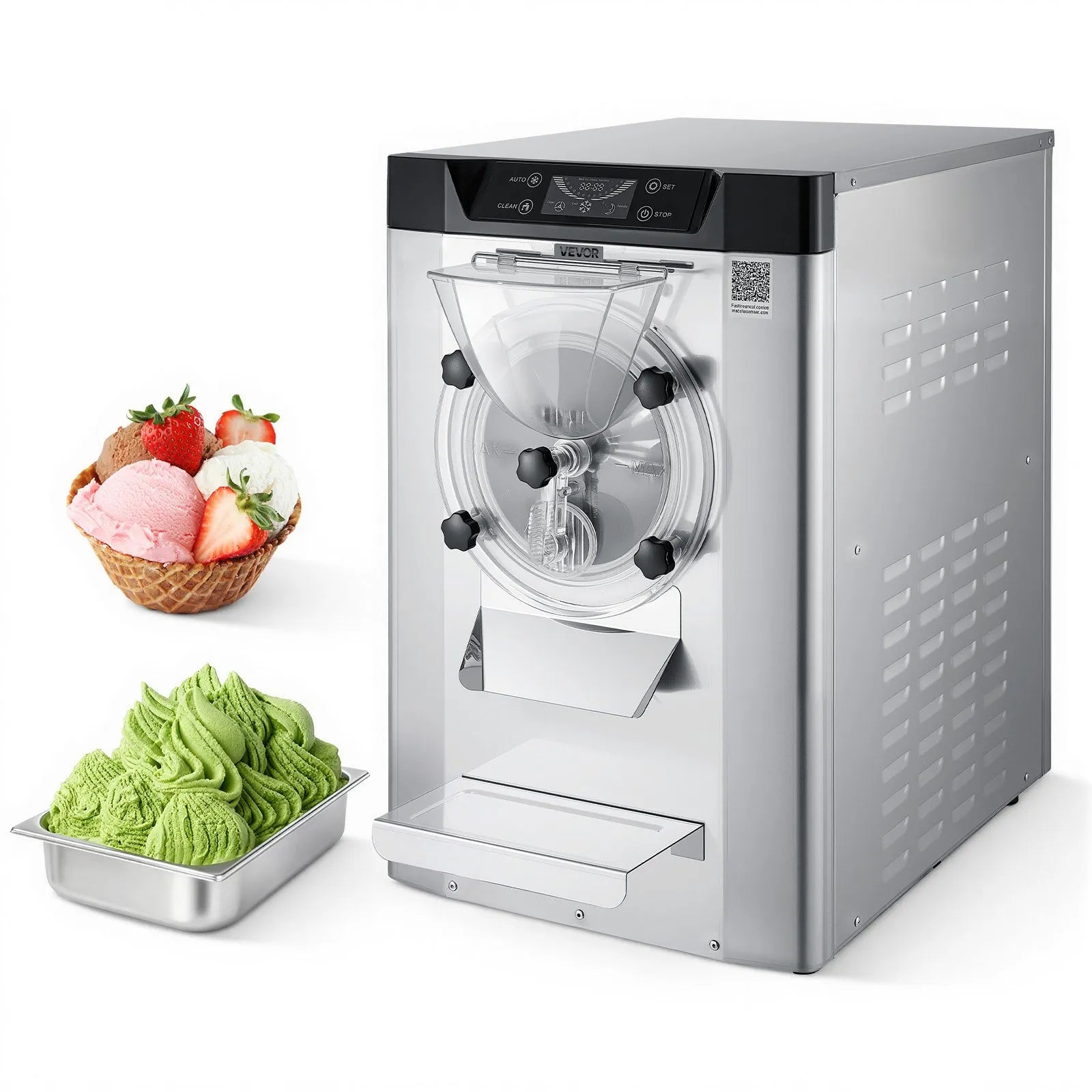 VEVOR komerciāla galda saldējuma mašīna, 2000 W, 12–20 L/h, gelato un cietajam saldējumam, 6 L 304 nerūsējošā tērauda cilindrs, automātiskā tīrīšana, LED panelis