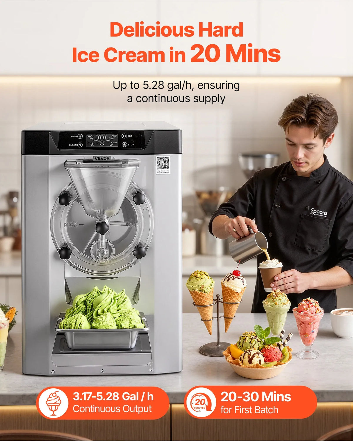 VEVOR komerciāla galda saldējuma mašīna, 2000 W, 12–20 L/h, gelato un cietajam saldējumam, 6 L 304 nerūsējošā tērauda cilindrs, automātiskā tīrīšana, LED panelis