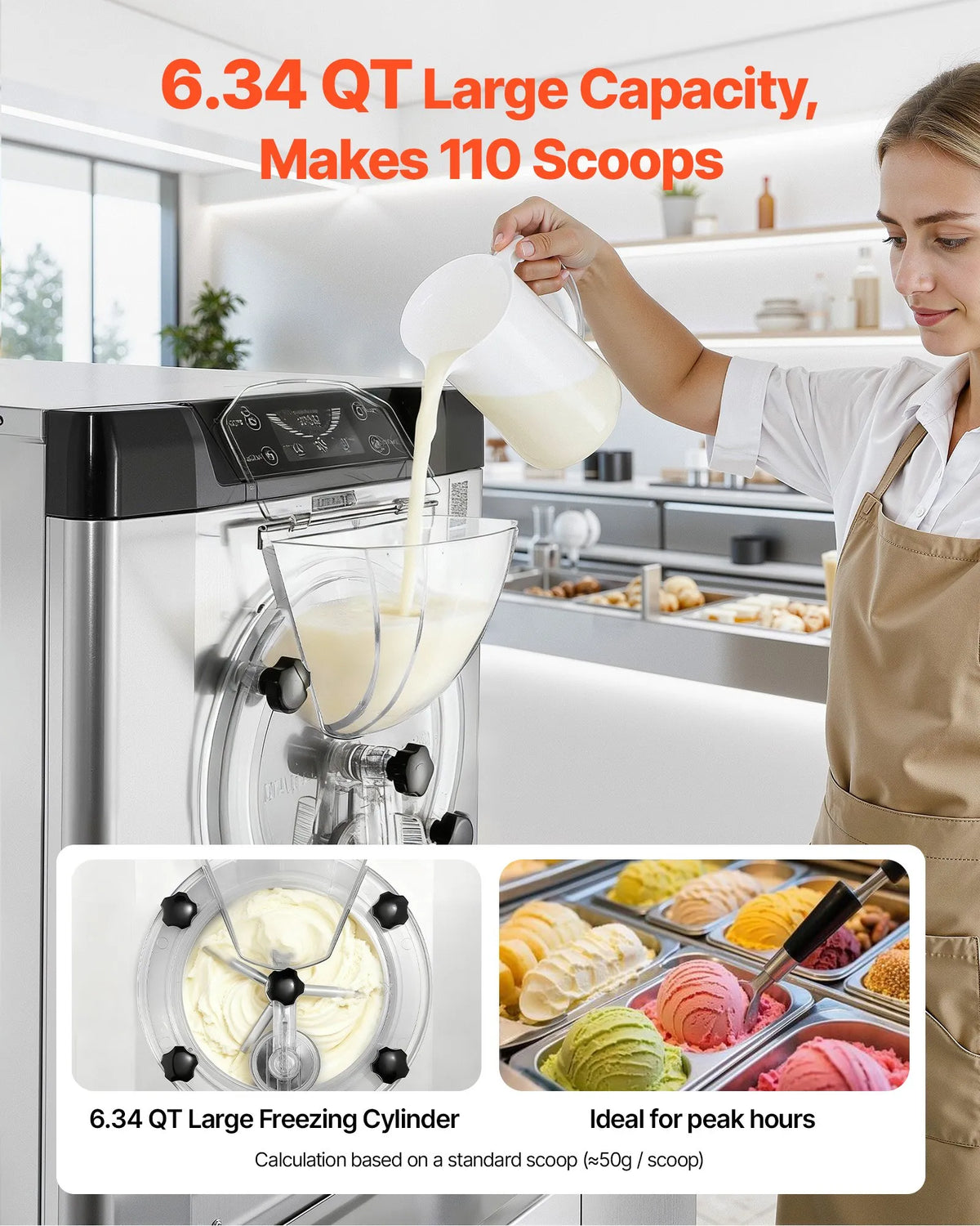 VEVOR komerciāla galda saldējuma mašīna, 2000 W, 12–20 L/h, gelato un cietajam saldējumam, 6 L 304 nerūsējošā tērauda cilindrs, automātiskā tīrīšana, LED panelis
