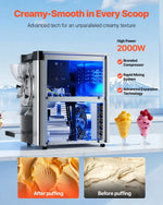 VEVOR komerciāla galda saldējuma mašīna, 2000 W, 12–20 L/h, gelato un cietajam saldējumam, 6 L 304 nerūsējošā tērauda cilindrs, automātiskā tīrīšana, LED panelis