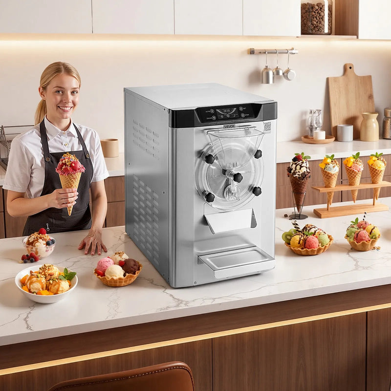 VEVOR komerciāla galda saldējuma mašīna, 2000 W, 12–20 L/h, gelato un cietajam saldējumam, 6 L 304 nerūsējošā tērauda cilindrs, automātiskā tīrīšana, LED panelis
