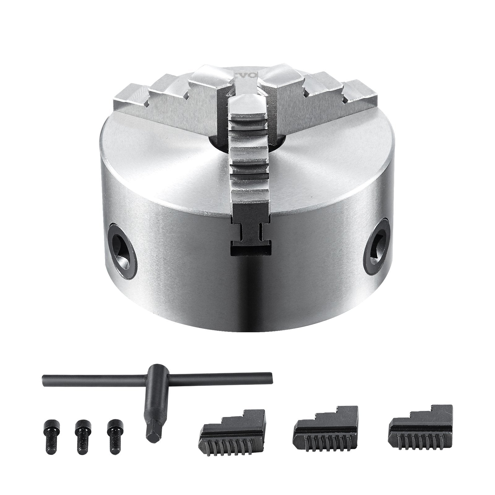 VEVOR 3-žokļu pašcentrējošā virpas patrona 160 mm, 3,5–160 mm satveršanas diapazons, ar atgriezeniskiem žokļiem un T-veida atslēgu, virpai/CNC/3D printerim/frēzei/urbjmašīnai