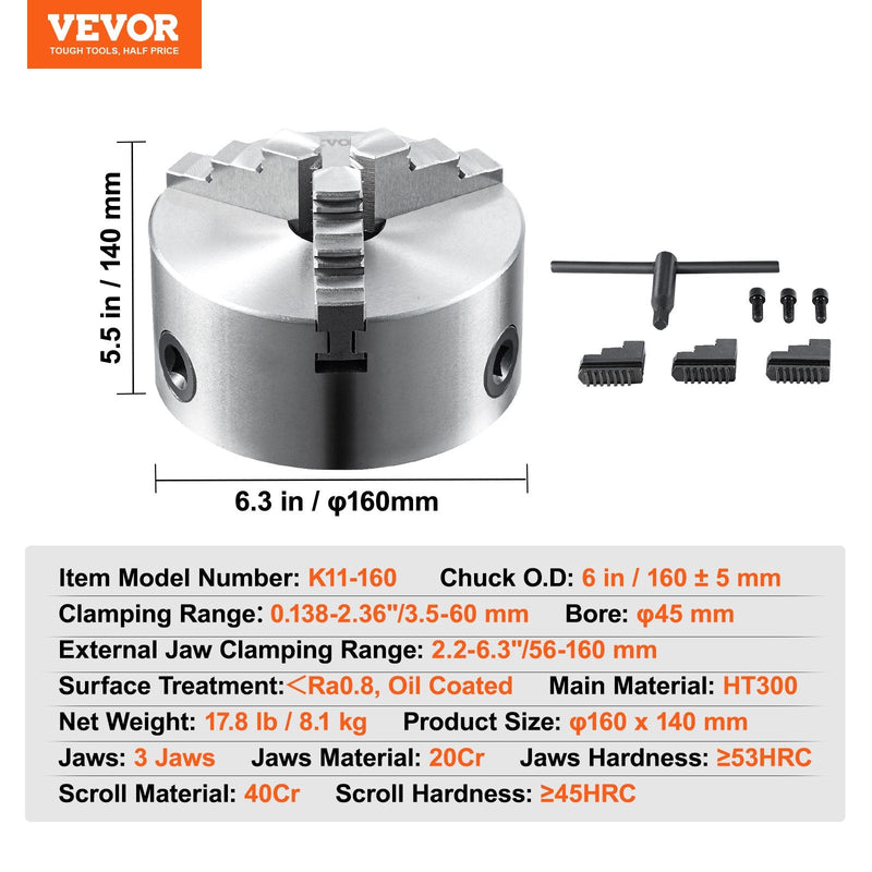 VEVOR 3-žokļu pašcentrējošā virpas patrona 160 mm, 3,5–160 mm satveršanas diapazons, ar atgriezeniskiem žokļiem un T-veida atslēgu, virpai/CNC/3D printerim/frēzei/urbjmašīnai