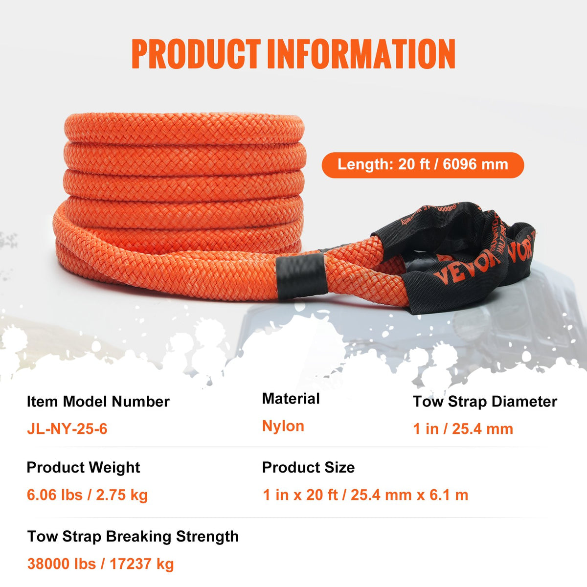 VEVOR kineetiline pukseerimisrihm 25 mm x 6,1 m, 17 237 kg, 30% elastsus