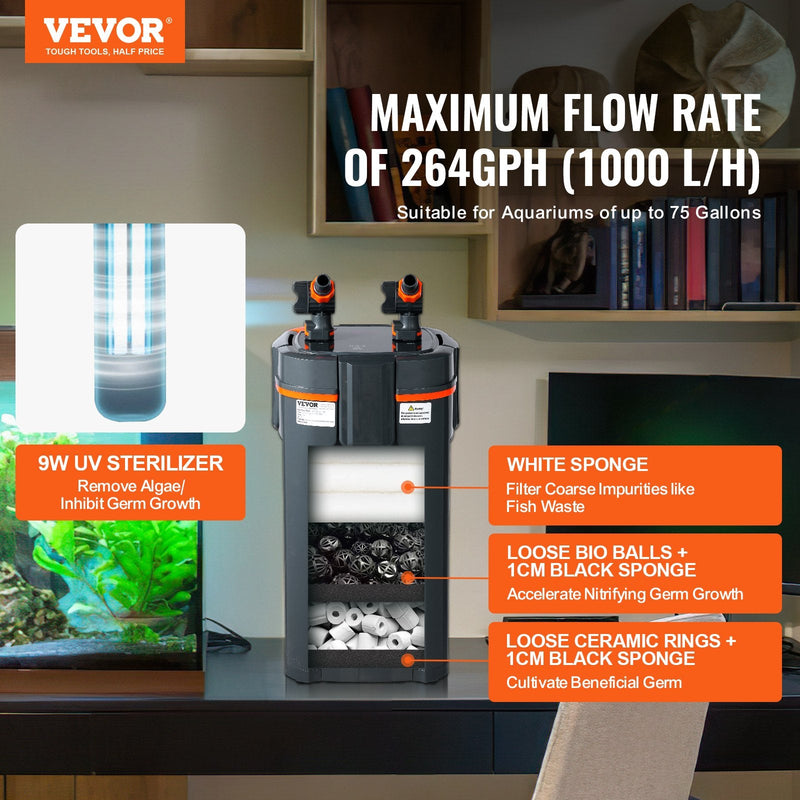 VEVOR Akvārija kanistra filtrs 284 l ar 11 W UV lampu, klusa darbība