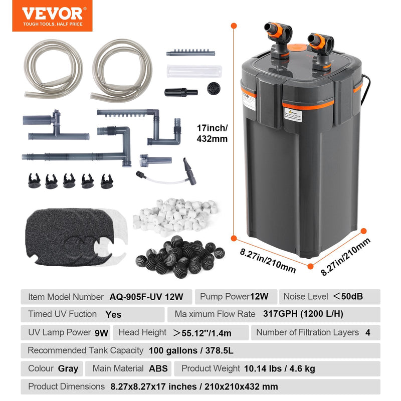 VEVOR 379 litru akvārija kannas filtrs ar 12 W UV lampu, klusa darbība