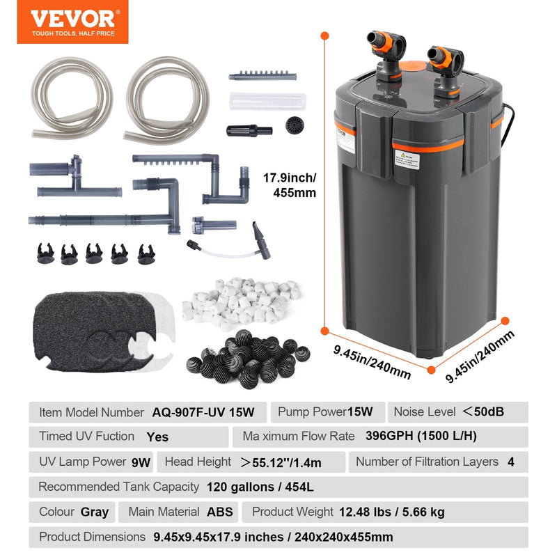 VEVOR 454 litru akvārija filtrs ar 15 W UV lampu, klusa darbība
