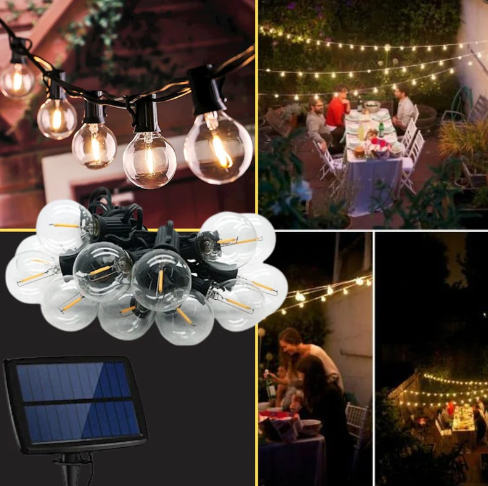 med solpanel 5,5m LED-ljuskälla med 10 FILAMENT-lampor, vardera 0,5W (300Lm) E12 G40, med högeffektiv solpanel 5,5V 1,5W 120mA, 3,7V 18650 Li 2200mAh, DC3V, IP44