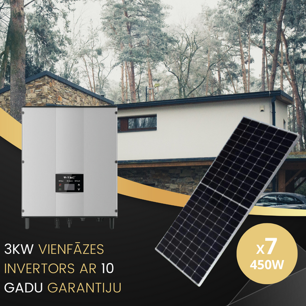 Set - 3 KW single-phase network Inverter "Sadales Tīkla" verified, registered as V-TAC Exports Limited VT-6603110, available for selection. With 7 solar panels. Ten-year warranty. IP66. Pick up in store. (Without cables and fasteners)